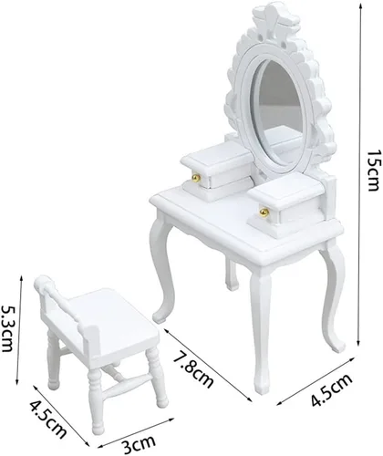 Vista 2 de LUOZZY 2 piezas de accesorios de muebles en miniatura escala 1:12 Mini tocador y taburete modelo conjunto de decoración de casa de muñecas - blanco