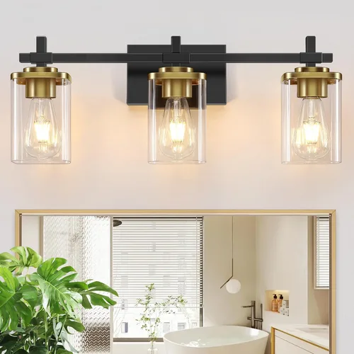 Vista 11 de 2 luces de tocador de baño, accesorios de luz de tocador negro mate sobre espejo, apliques de pared modernos con pantalla de vidrio transparente