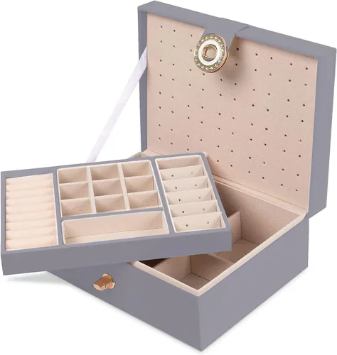 Vista 6 de QBestry Organizador de aretes de tuerca para mujeres y niñas caja de joyería gris para aretes collar organizador de joyas caja de aretes para mujer