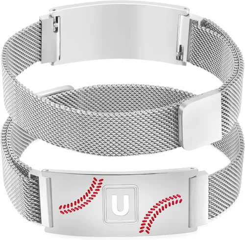 Vista 43 de Fervia Regalos de graduación de Pascua para hombres, pulsera con inicial de béisbol, color negro, plateado, dorado, acero inoxidable, pulseras