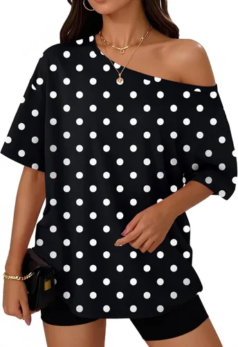 Vista 16 de Trendy Queen Camisetas de verano de gran tamaño con hombros descubiertos Negro