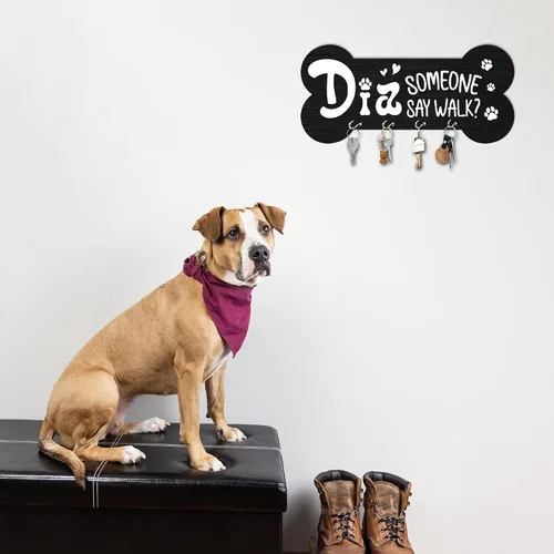 Vista 3 de Llavero de madera con 4 ganchos – Did Someone Say Walk Dog Organizador de llaves decorativo para pared – Casa Oficina Cocina Pasillo Entrada