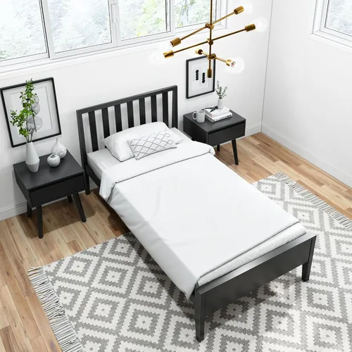 Vista 8 de Plank+Beam Base de cama individual moderna de madera maciza con cabecera de listones, plataforma escandinava con soporte de listones de madera, Negro
