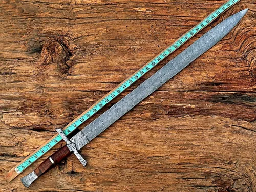 Vista 2 de Espada vikinga hecha a mano, espada medieval de acero de Damasco con funda de cuero, hoja de doble borde de 29 pulgadas