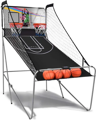 Vista 12 de GYMAX Juego de baloncesto arcade plegable para interiores con 8 modos de juego, sonido de arcade, 4 bolas y bomba de inflado, juegos de baloncesto