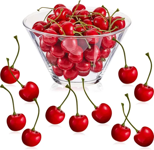Vista 12 de Skylety 30 piezas de cerezas falsas artificiales de cerezas, decoraciones de fiesta de cereza de simulación para decoración de pasteles, hogar Rojo