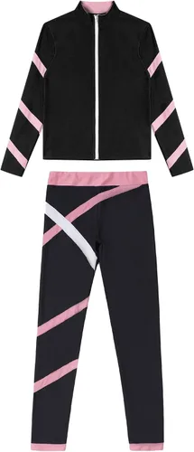 Vista 5 de YiZYiF Chándal de gimnasia para niños, 2 piezas, traje de entrenamiento de patinaje artístico, manga larga, cremallera, cuello alto, chaqueta