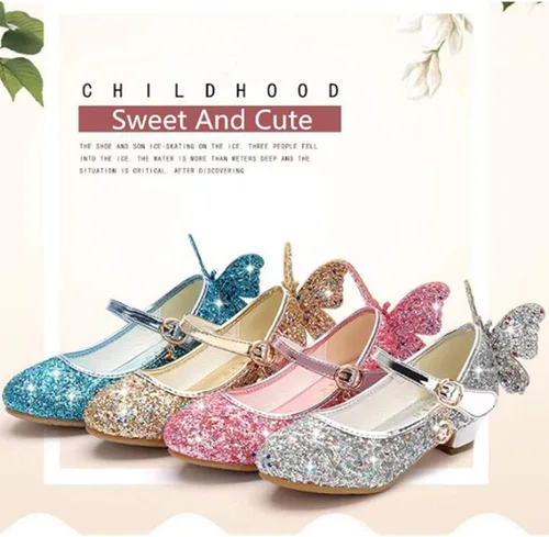 Vista 5 de Zapatos brillantes de mariposa Mary Jane para niñas y niñas, zapatos de fiesta de boda con purpurina para damas de honor, tacones bajos, zapatos