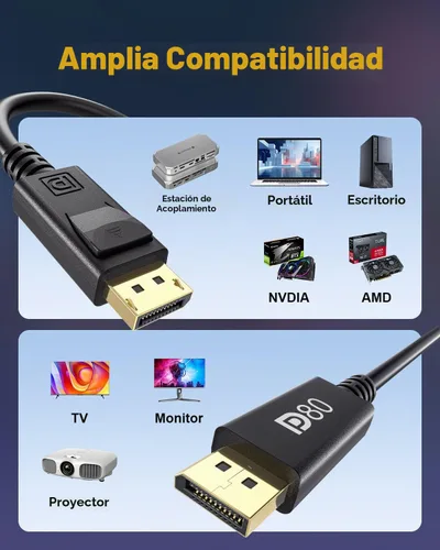 Vista 8 de Cable Displayport 2.1 de 80 Gbps, cable DP de 6.6 pies [DP80, 16K @60Hz, 8K @120Hz, 4K@240Hz, HDR10, HDCP2.3, DSC 1.2a], cable de puerto de pantalla