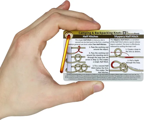 Vista 6 de ReferenceReady Guía de bolsillo para nudos al aire libre: tarjetas impermeables para atar nudos con mini mosquetón, 22 nudos de cuerda para camping