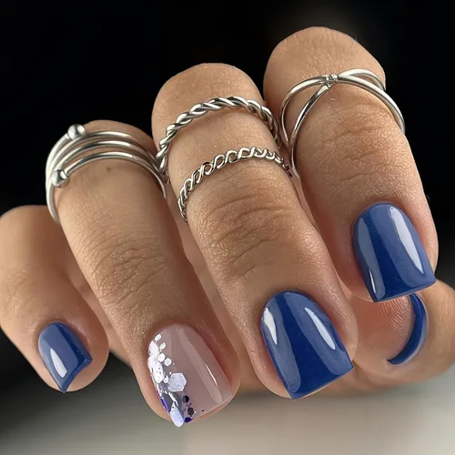 Vista 14 de Uñas postizas cuadradas cortas a presión, uñas postizas de color rosa, de cobertura completa, uñas postizas con purpurina plateada con diseños