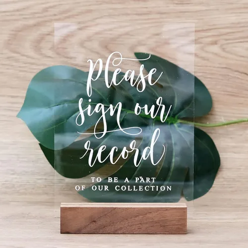 Vista 18 de Letrero de libro de invitados de audio para boda con soporte de madera - 5" x 7" aspecto de cristal transparente, letrero de libro de invitados