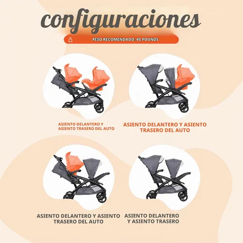 Vista 5 de Baby Trend Sit N' Stand Cochecito doble tándem con 2 asientos de coche para bebé EZ-Lift Plus, Magnolia