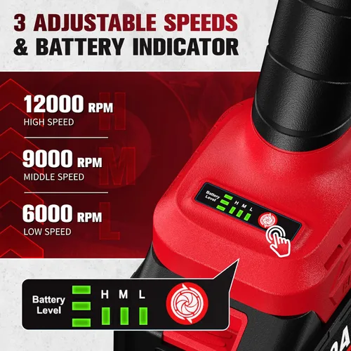 Vista 5 de FULLYEA Amoladora angular inalámbrica de 4-1/2 pulgadas, 12000 RPM sin escobillas, herramientas eléctricas con batería de 2 x 4.0 Ah, amoladora