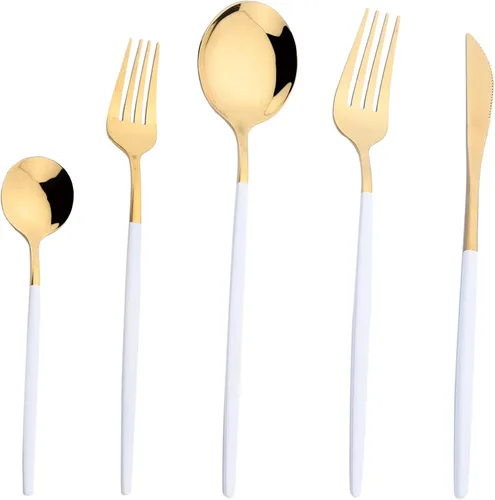 Vista 7 de Juego de cubiertos de oro mate y blanco, 5 piezas, juego de vajilla de acero inoxidable 18/10, servicio para 1, juego de utensilios de cocina, juego