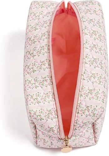 Vista 2 de Bolsa de maquillaje de viaje para mujeres y niñas, bolsa de maquillaje con cremallera, flores florales, organizador de maquillaje, bolsa de tela