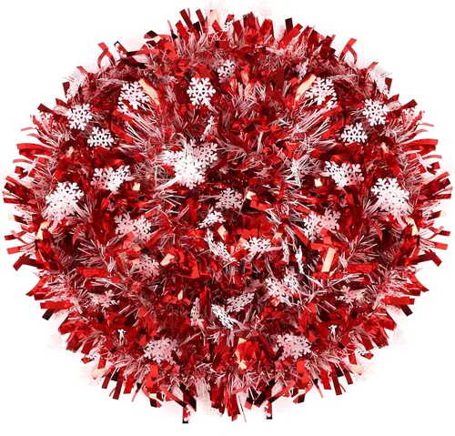 Vista 7 de CCINEE Guirnalda de oropel de Navidad de copo de nieve rojo de 32.8 pies, guirnalda metálica de oropel giratorio, decoración de árbol para fiesta
