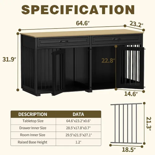 Vista 2 de Muebles para Perrera, 64.6 Pulgadas de Madera Resistente Jaula para Perros Grande Estilo Mueble con Cajones y Divisor, Casa para Perros