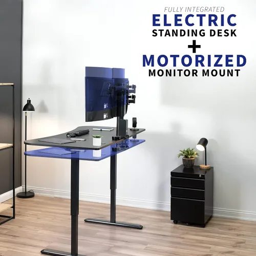 Vista 4 de VIVO Escritorio eléctrico de pie integrado de 63 x 32 pulgadas y soporte motorizado para monitor doble, ajuste de altura de 1 toque, se adapta a