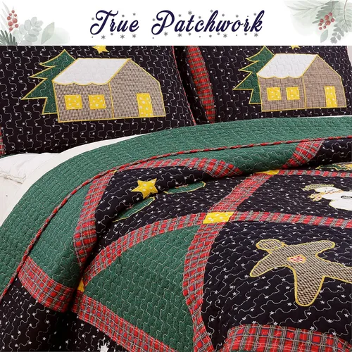 Vista 2 de Cozy Line Home Fashions Juego de ropa de cama reversible con diseño de retazos de Navidad, color azul marino, silencioso, cielo estrellado, cabaña