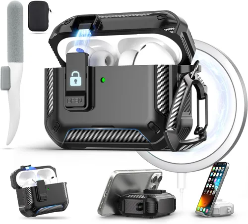 Vista 24 de Maxjoy Funda para AirPods Pro 3 2025, MagSafe compatible con bloqueo automático, funda protectora a prueba de golpes con soporte para teléfono