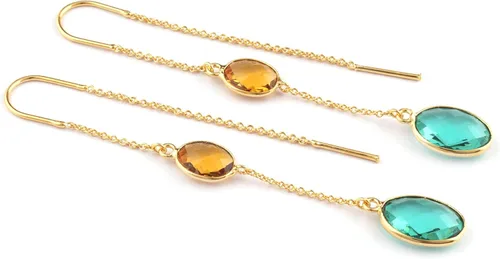 Vista 2 de Guntaas - Pendientes ovalados de doble piedra de cuarzo citrino aguamarina, chapados en oro, chapados en oro, colgantes de cadena larga, Earrings