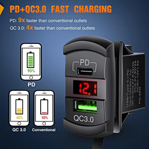 Vista 5 de Nilight Interruptor de palanca con salida USB, voltímetro LED, conector rápido 12V PD tipo C y USB QC 3.0 para automóviles, reemplazo con fusible