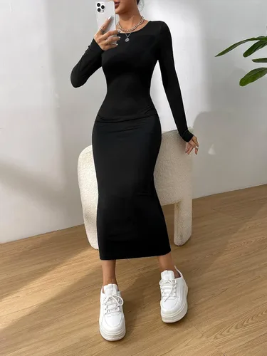 Vista 5 de Verdusa Vestido básico de manga larga con cuello redondo para mujer