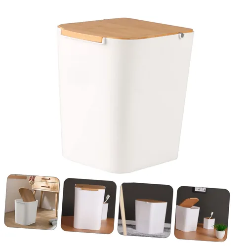 Vista 5 de Bote de basura de plástico moderno con tapa tipo prensa para baño y cocina, diseño compacto con capacidad