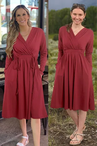 Vista 3 de OUGES Vestido de maternidad para mujer 2023, manga larga, cuello en V, vestidos de embarazo con bolsillos