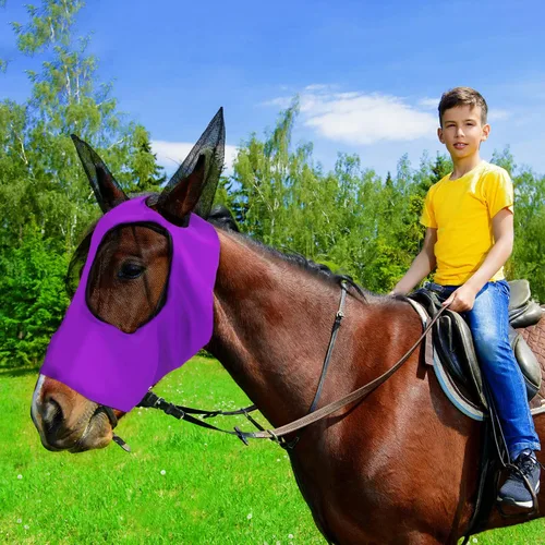 Vista 5 de Weewooday - 2 máscaras faciales de caballo con orejas, suaves y elásticas para moscas, cubierta de malla transpirable para los ojos, máscaras