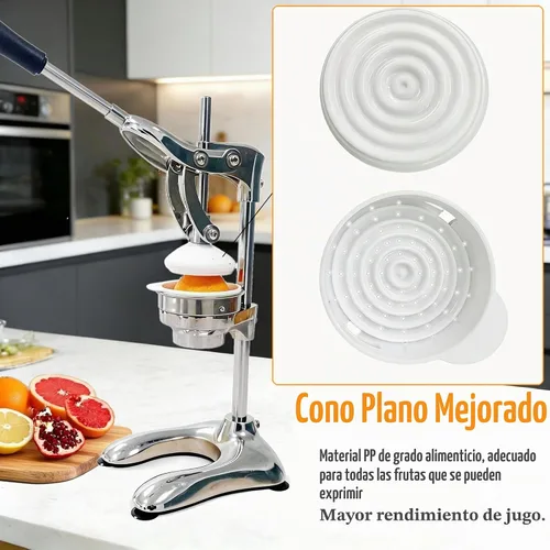 Vista 2 de Exprimidor manual de cítricos 2 en 1 de aluminio fundido, mejorado de hierro, cono de embudo en acero inoxidable 304, alto 17.72 pulgadas, máquina