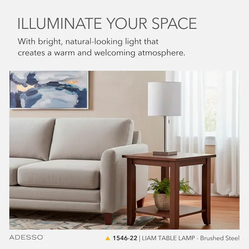 Vista 3 de Adesso Lámpara de mesa de acero cepillado con pantalla blanca, luz de acento moderna para dormitorio, sala de estar y decoración de la casa, 22