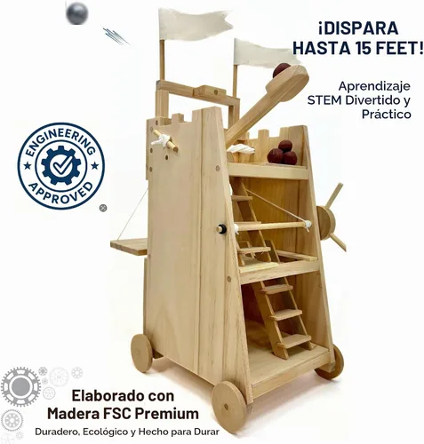 Vista 6 de PATHFINDERS Kit STEM - Torre de asedio medieval con catapulta Kit de construcción de madera para adolescentes y adultos Juguete de ingeniería