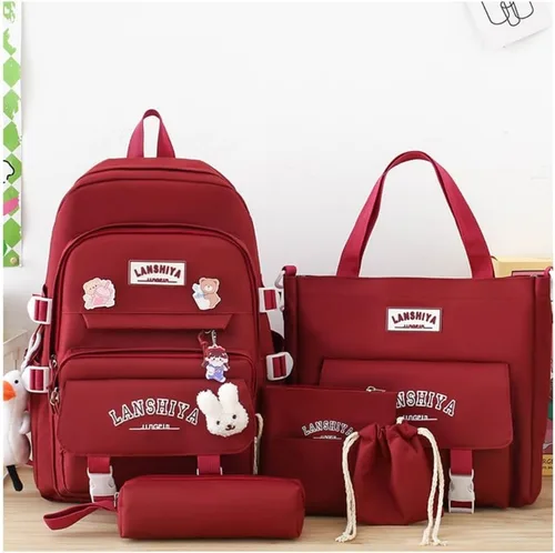 Vista 2 de Linda mochila con accesorios kawaii, juego de 5 bolsas estéticas impermeables, Rojo