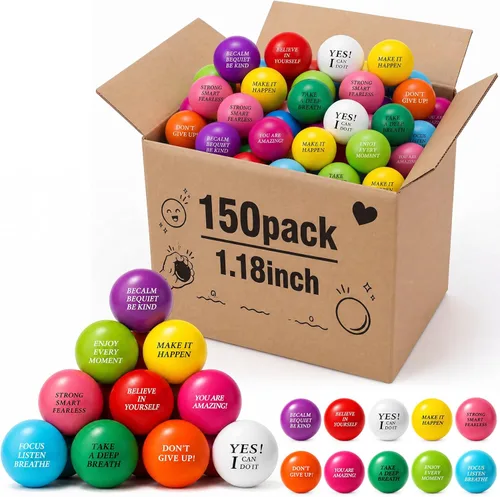 Vista 12 de Sotiff 100 bolas de estrés a granel para adultos, espuma colorida para aliviar el estrés, juguetes de regalo con citas motivacionales, bolas