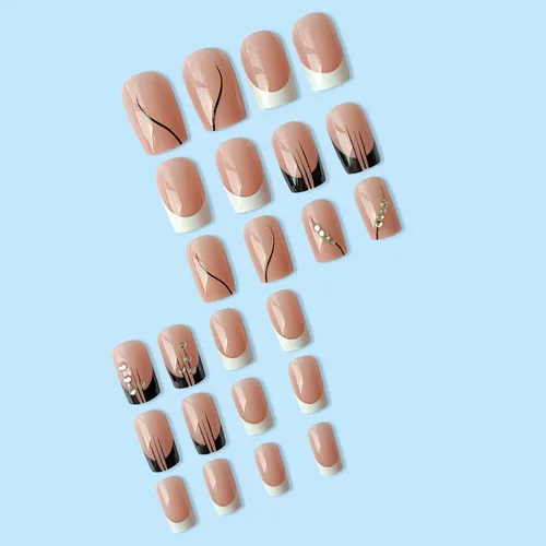 Vista 2 de Uñas postizas a presión de punta francesa, uñas postizas cuadradas blancas, uñas postizas cortas negras con diamantes de imitación, diseños