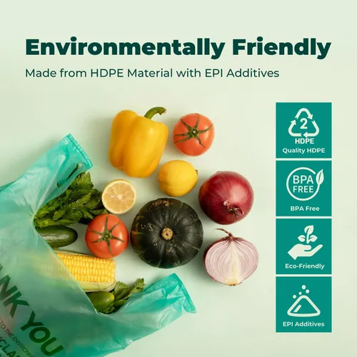 Vista 4 de FMP Brands Bolsas de plástico biodegradables ecológicas – 100 unidades con asas, bolsas de compras para camisetas de agradecimiento a granel