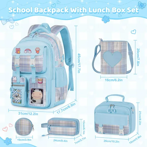 Vista 2 de Mochila escolar para niñas con lonchera, 5 unidades, linda mochila Kawaii para niños y adolescentes, mochila estética primaria, Azul, Bolsa