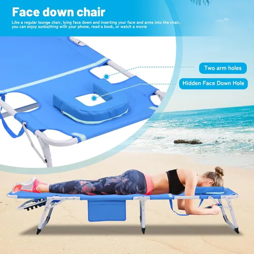 Vista 7 de Silla de bronceado 3 en 1 extragrande con esterilla y agujero para la cara, silla lounge plegable resistente - Silla ajustable de 5 posiciones