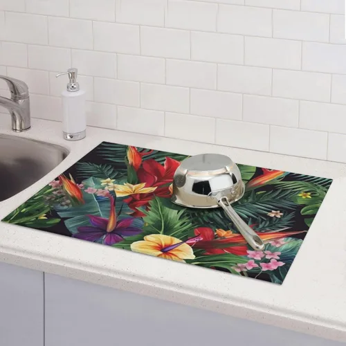 Vista 8 de Planta tropical, flores, impresión, estera de secado de platos de microfibra, almohadilla de secado absorbente para encimera de cocina, tapete