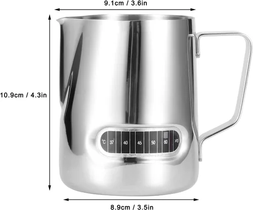 Vista 5 de Jarra de espuma de leche con termómetro integrado, jarra de espuma de leche de acero inoxidable de 16.9 fl oz, taza espumadora de leche, jarra