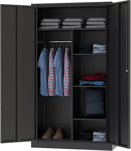 Vista 10 de Letaya Armario de metal de 71 pulgadas con 2 cajones, armario de acero con puertas y estantes, armarios de almacenamiento de ropa con barra