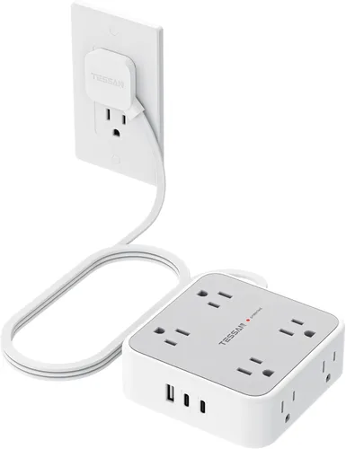 Vista 17 de TESSAN - Tira de alimentación con protector de sobretensiones, cable de extensión plano de 5 pies con 8 salidas de CA, 3 puertos USB (1 USB C), Gris