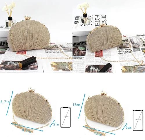 Vista 6 de Women Mini Pleated Seashell Evening Clutch Handbag Chain Strap Cross-body Bag