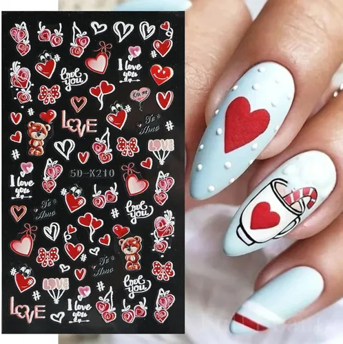 Vista 4 de Calcomanías de arte de uñas para el día de San Valentín, calcomanías de uñas de corazón lindo perro, oso, flor, corazón, amor, San Valentín, diseño