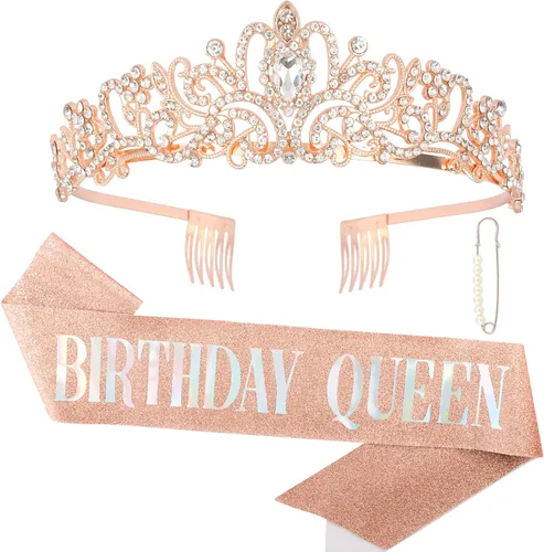 Vista 9 de CAVETEE Faja y tiara dorada para cumpleaños - Coronas de fiesta para mujer