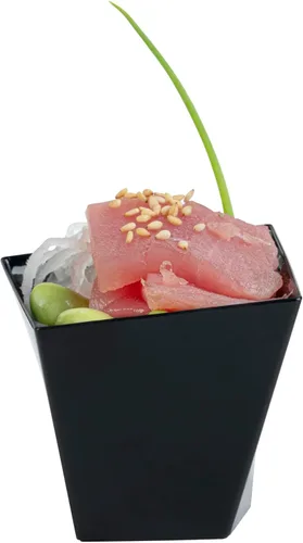 Vista 8 de Restaurantware Platos de postre de 2 onzas, 100 mini tazas desechables para servir fiestas, platos Girata de plástico negro duradero y sostenible