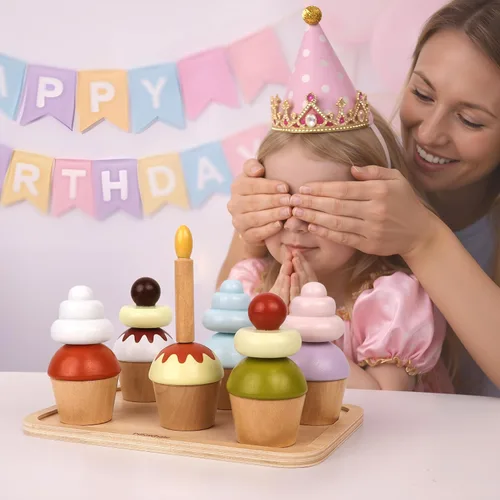 Vista 7 de Juguetes de madera para cupcakes, 21 piezas, juguetes de comida para hornear con coberturas intercambiables, regalo de fiesta de té Montessori