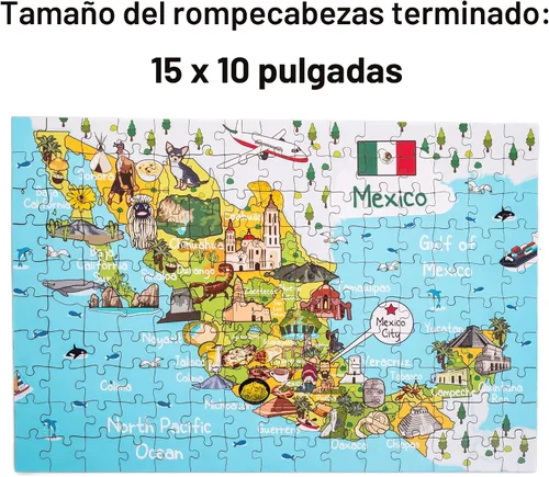 Vista 3 de Rompecabezas de madera con mapa de México, 152 piezas, 15 x 10 pulgadas